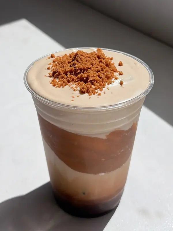 Cookie butter cloud drink topped with cream and cookie butter crumble